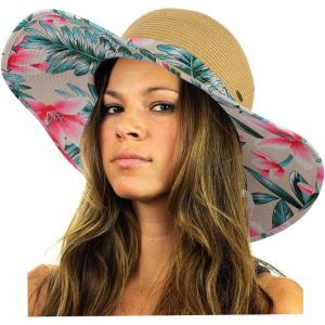imageCC Womens Paper Weaved Crushable Beach UPF 50 Floppy Brim Sun Hat with PrintLily Beige