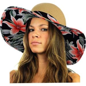 imageCC Womens Paper Weaved Crushable Beach UPF 50 Floppy Brim Sun Hat with PrintLily Black