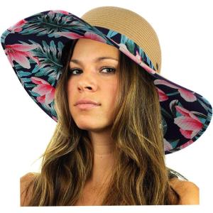 imageCC Womens Paper Weaved Crushable Beach UPF 50 Floppy Brim Sun Hat with PrintLily Navy
