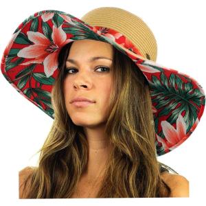 imageCC Womens Paper Weaved Crushable Beach UPF 50 Floppy Brim Sun Hat with PrintLily Red