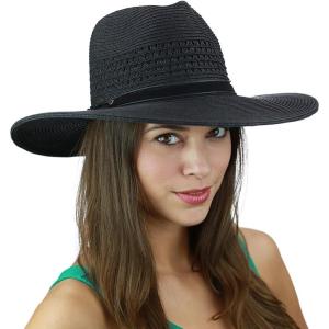 imageCC Womens String ampamp Faux Suede Band Wide Brim Weaved Panama Summer Sun HatBlack