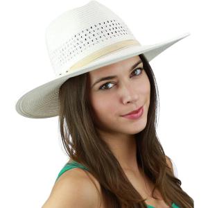 imageCC Womens String ampamp Faux Suede Band Wide Brim Weaved Panama Summer Sun HatWhite