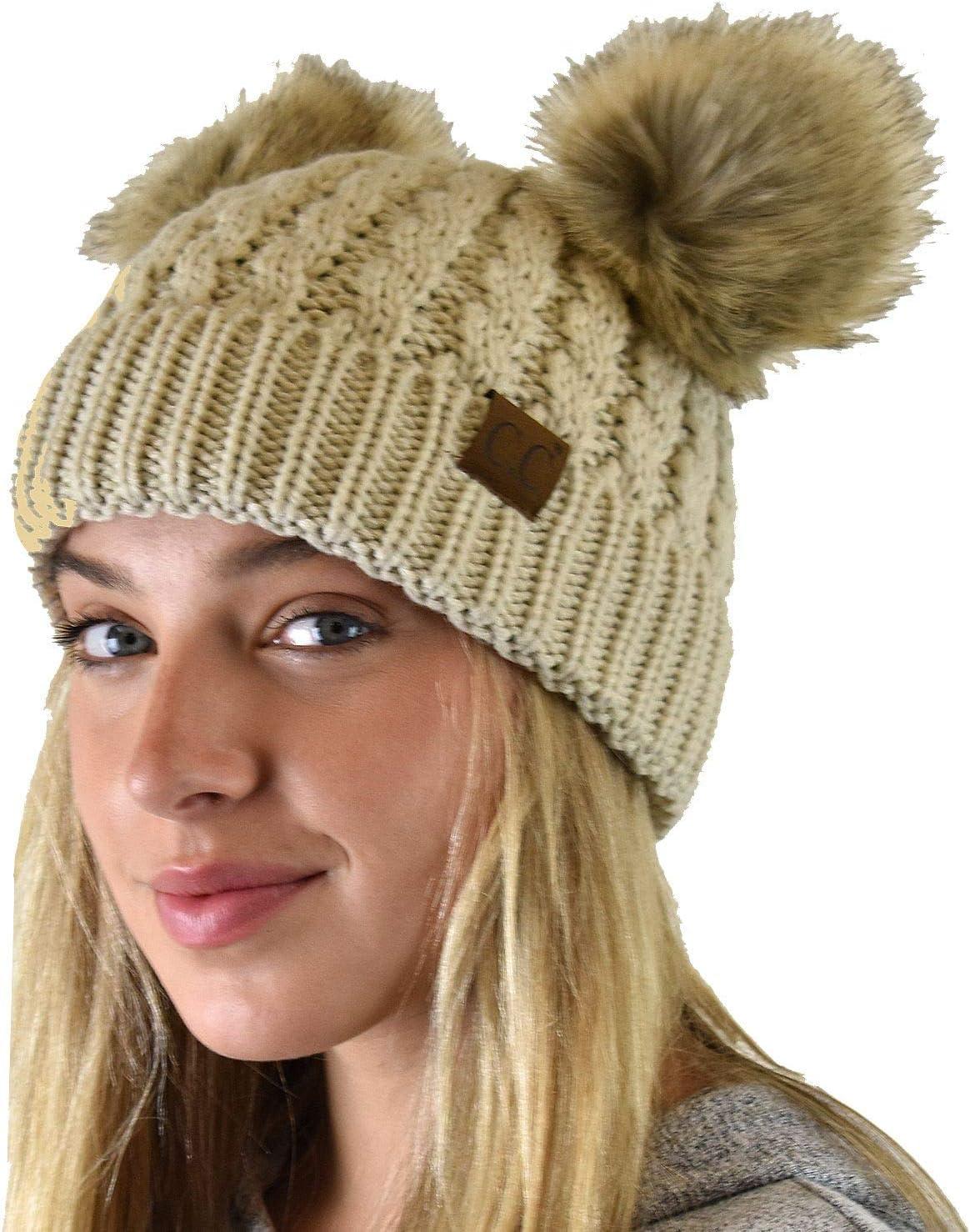 imageCC 2 Ear Pom Pom Cable Knit Soft Stretch Cuff Skully Beanie HatFaux Fur Beige