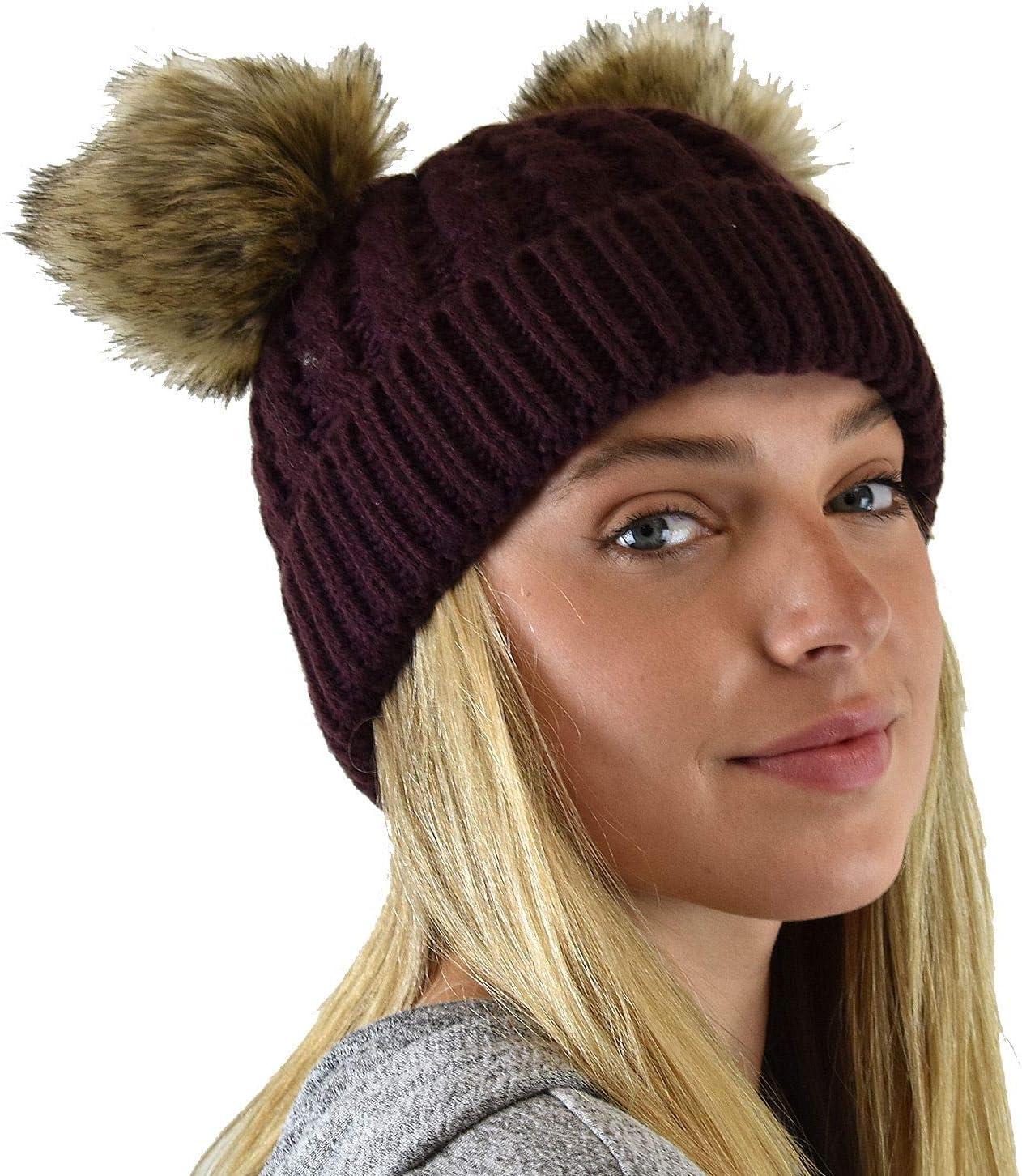 imageCC 2 Ear Pom Pom Cable Knit Soft Stretch Cuff Skully Beanie HatFaux Fur Berry