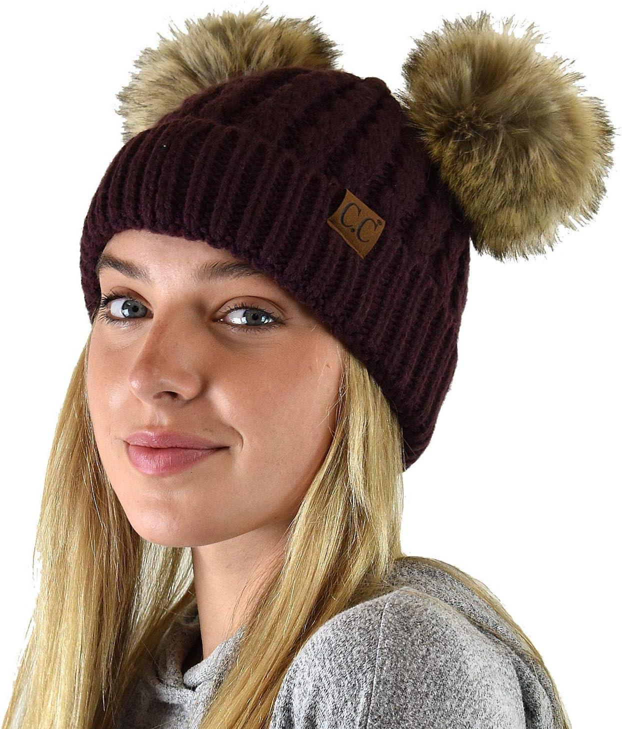 imageCC 2 Ear Pom Pom Cable Knit Soft Stretch Cuff Skully Beanie HatFaux Fur Berry