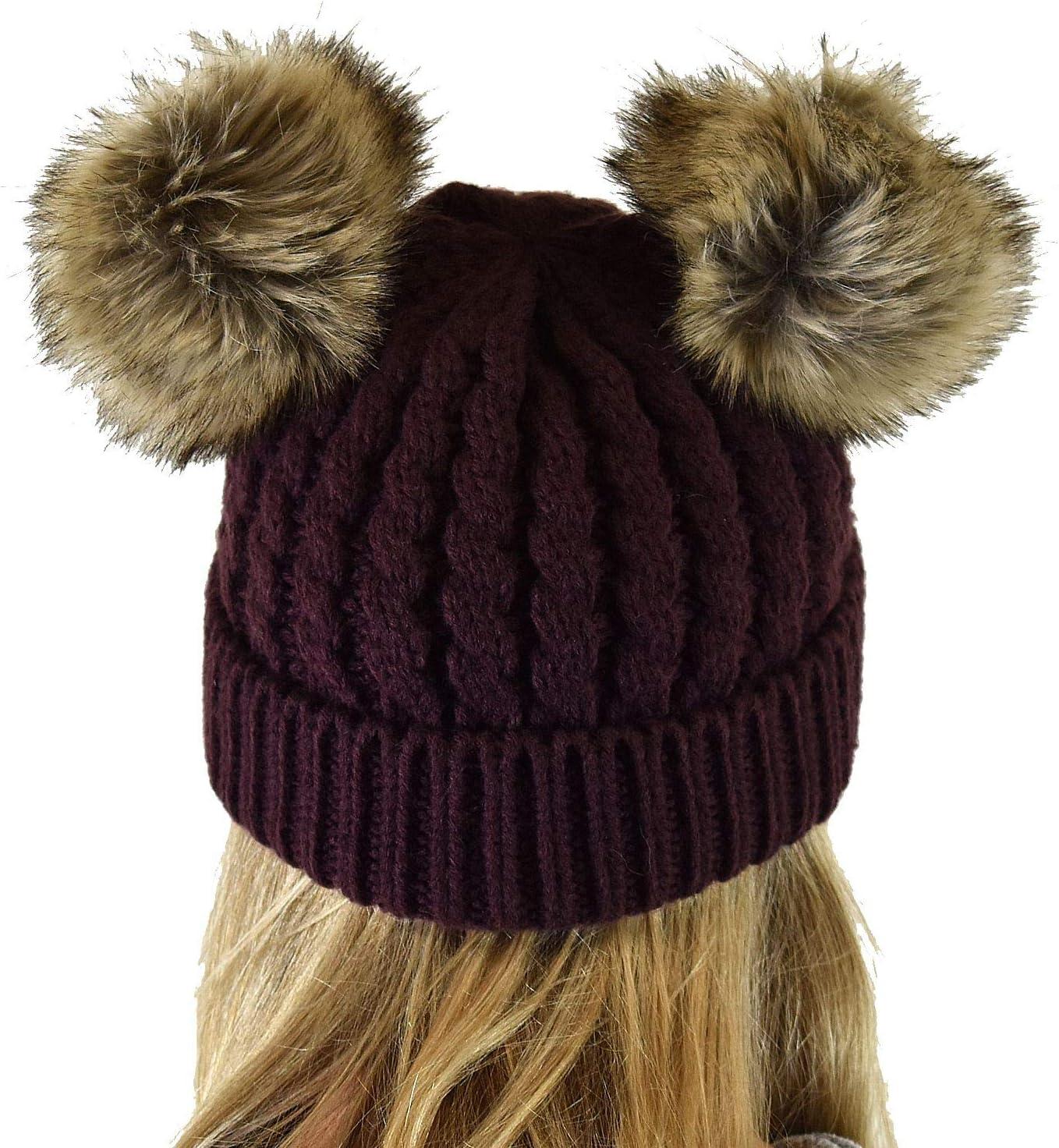 imageCC 2 Ear Pom Pom Cable Knit Soft Stretch Cuff Skully Beanie HatFaux Fur Berry