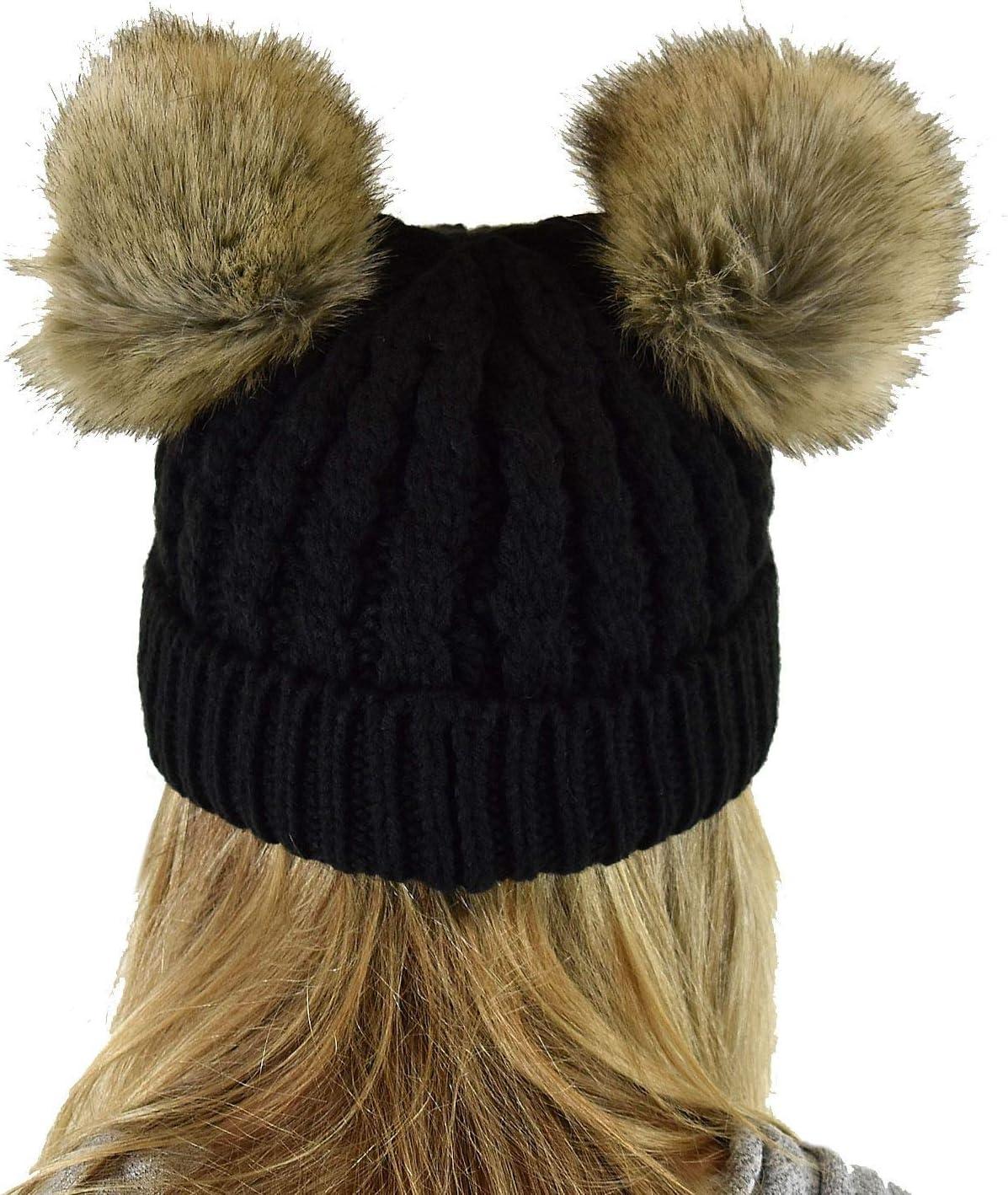 imageCC 2 Ear Pom Pom Cable Knit Soft Stretch Cuff Skully Beanie HatFaux Fur Black