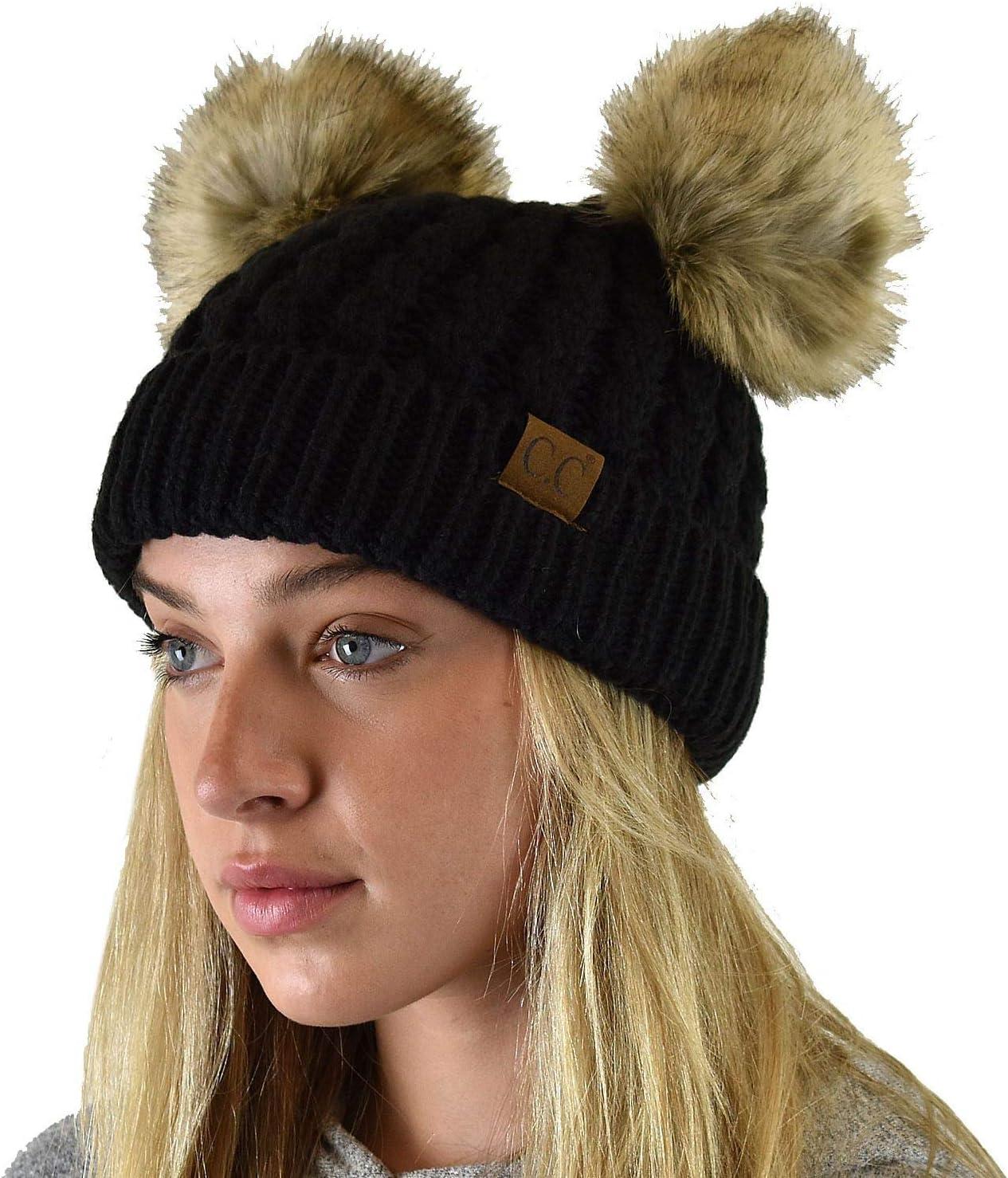 imageCC 2 Ear Pom Pom Cable Knit Soft Stretch Cuff Skully Beanie HatFaux Fur Black