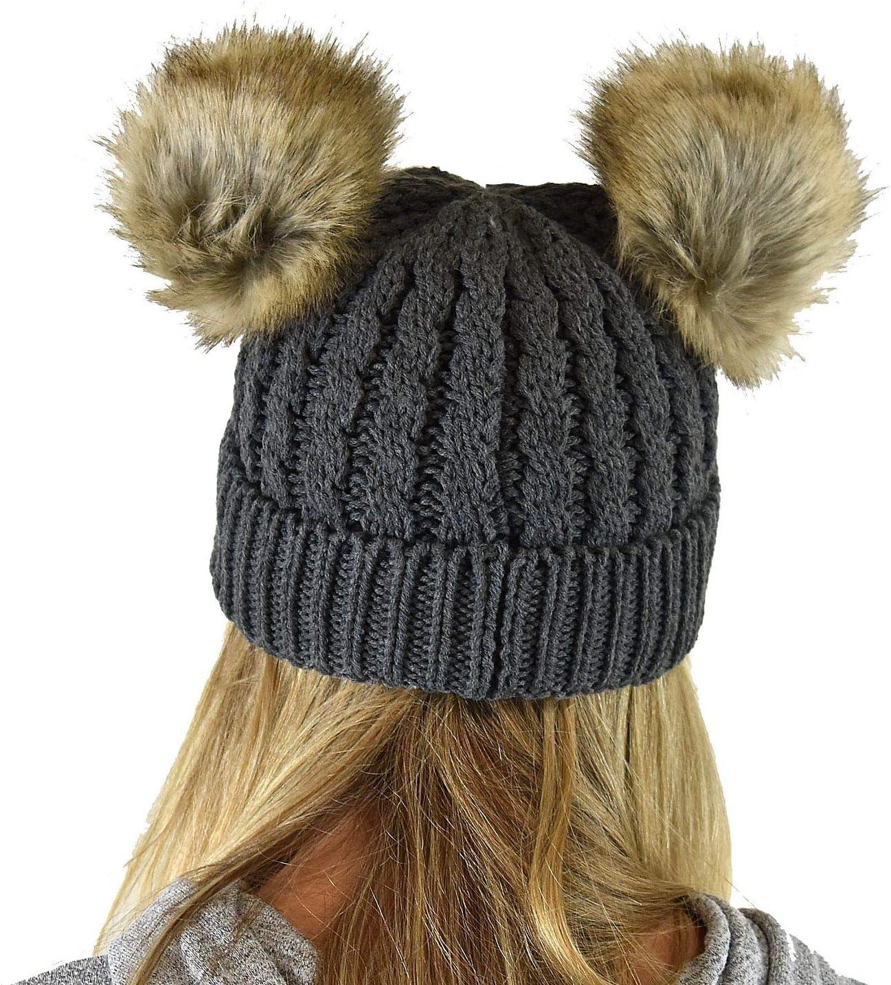 imageCC 2 Ear Pom Pom Cable Knit Soft Stretch Cuff Skully Beanie HatFaux Fur Dark Melange Gray