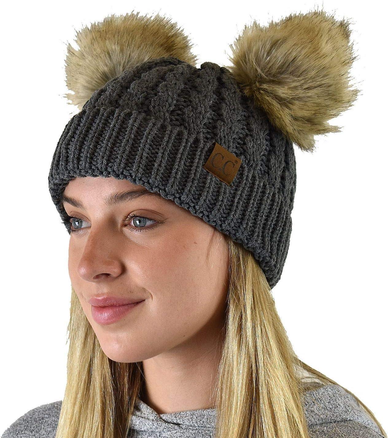 imageCC 2 Ear Pom Pom Cable Knit Soft Stretch Cuff Skully Beanie HatFaux Fur Dark Melange Gray