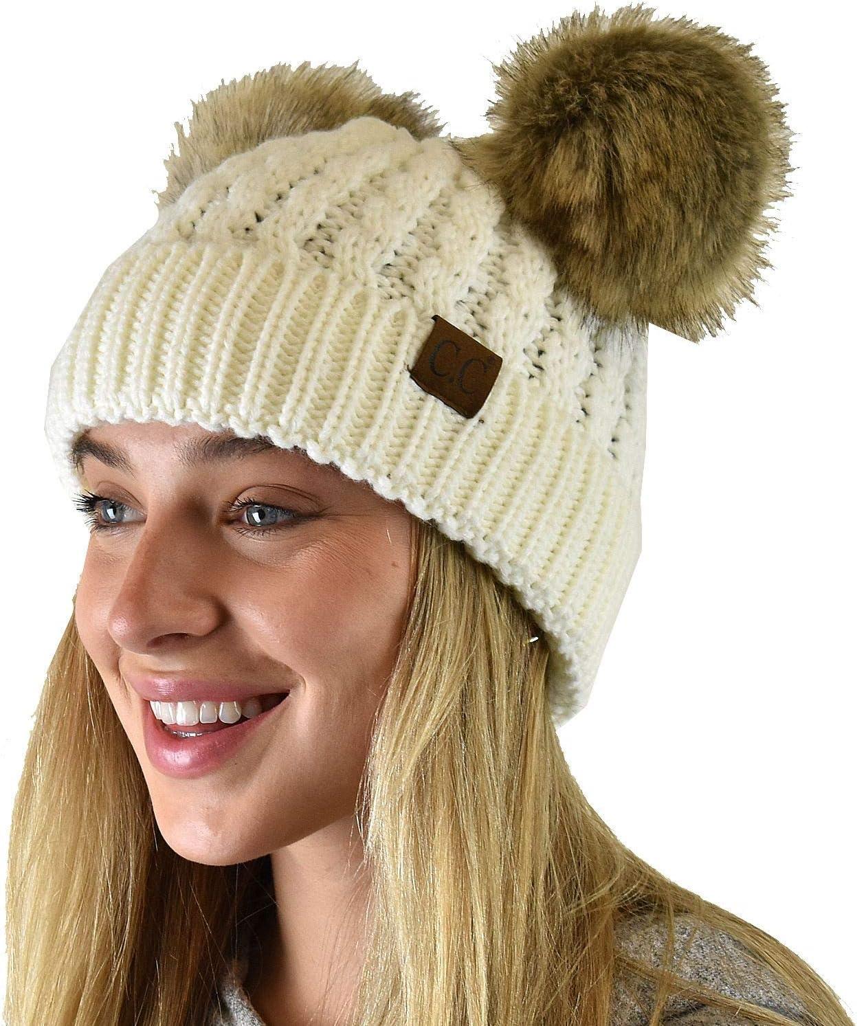 imageCC 2 Ear Pom Pom Cable Knit Soft Stretch Cuff Skully Beanie HatFaux Fur Ivory