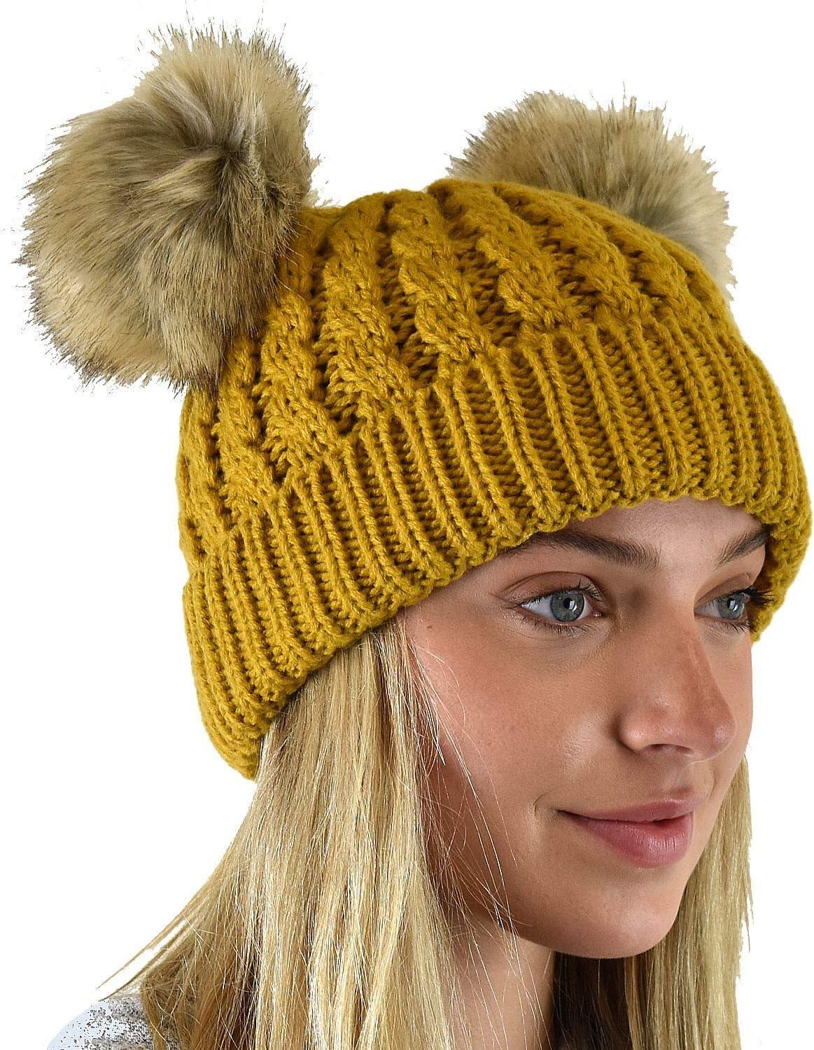 imageCC 2 Ear Pom Pom Cable Knit Soft Stretch Cuff Skully Beanie HatFaux Fur Mustard
