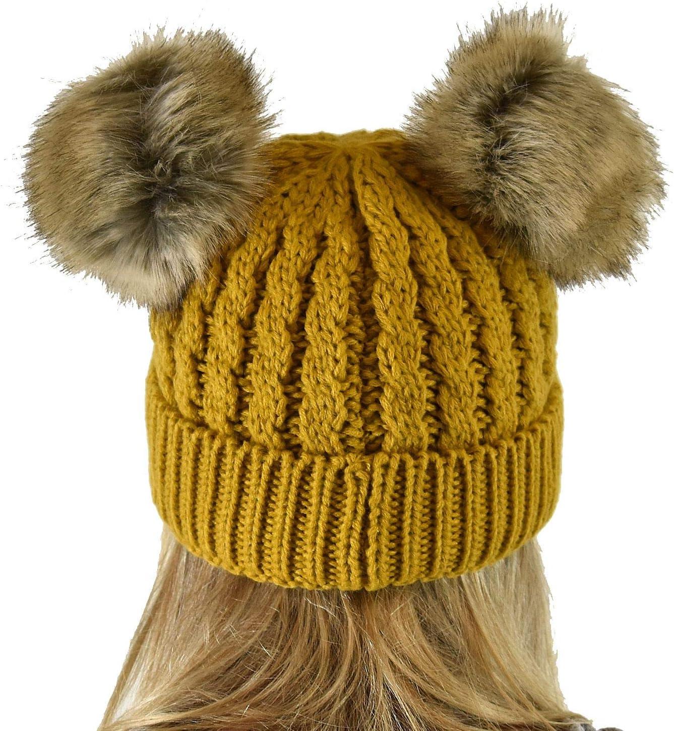 imageCC 2 Ear Pom Pom Cable Knit Soft Stretch Cuff Skully Beanie HatFaux Fur Mustard