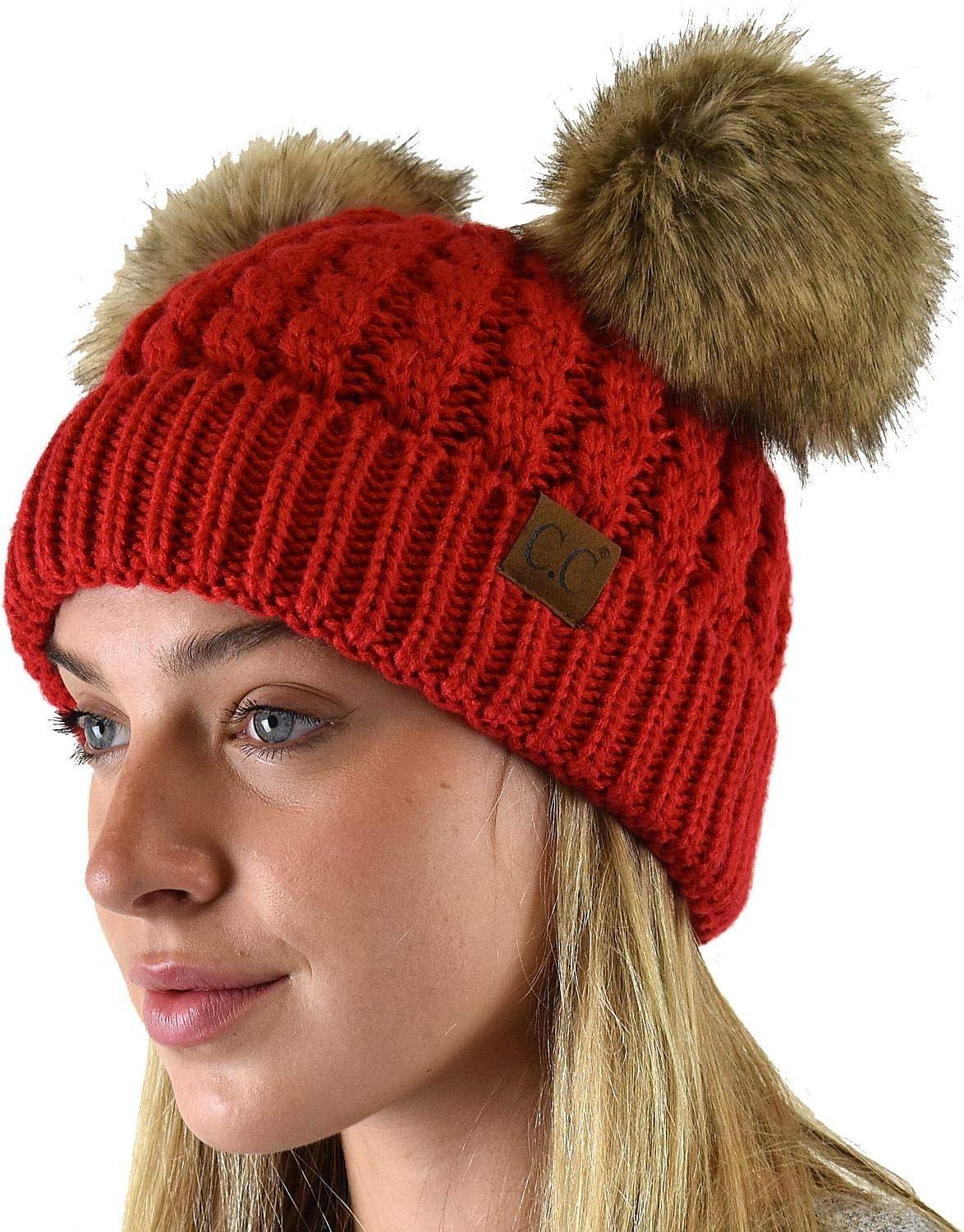 imageCC 2 Ear Pom Pom Cable Knit Soft Stretch Cuff Skully Beanie HatFaux Fur Red