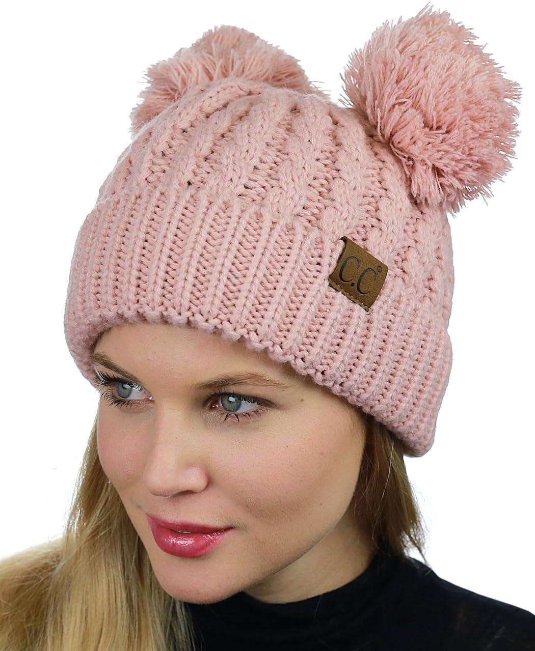 imageCC 2 Ear Pom Pom Cable Knit Soft Stretch Cuff Skully Beanie HatIndi Pink