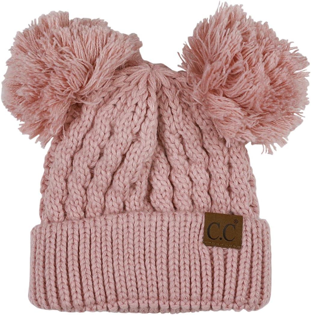 imageCC 2 Ear Pom Pom Cable Knit Soft Stretch Cuff Skully Beanie HatIndi Pink