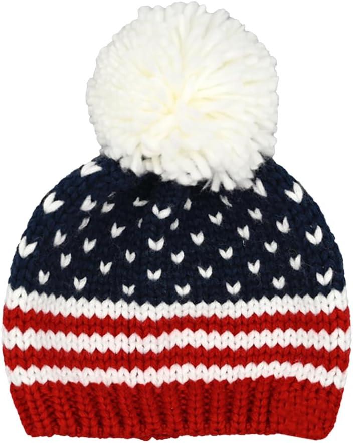imageCC American Beanie with Iceland Wool Pom for Women Unisex Soft Warm with Iceland Pom Knit Winter Skully HatAmerican Flag  Kids