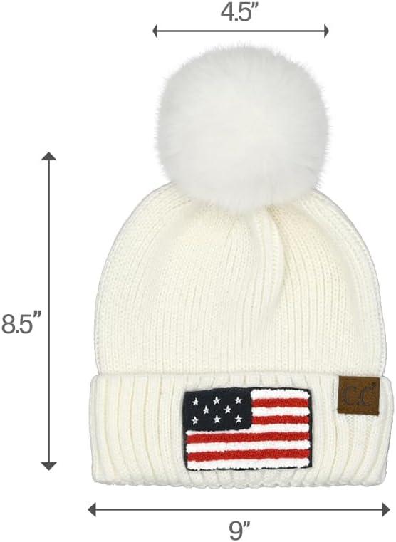 imageCC American Beanie with Iceland Wool Pom for Women Unisex Soft Warm with Iceland Pom Knit Winter Skully HatUsa Flagwhite