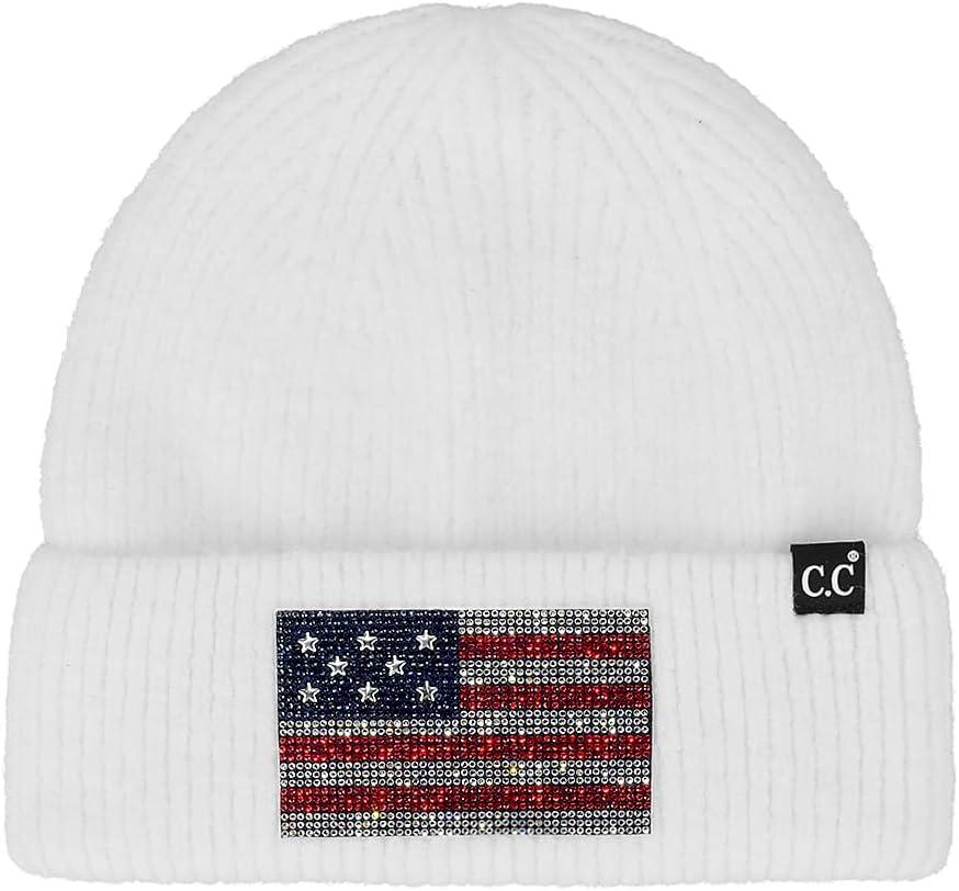 imageCC American Flag Rhinestone Beanie for Women Unisex  Sustainable Recycled Yarn Stretchable Soft Warm Knit Winter Skully HatAmerican Flagwhite