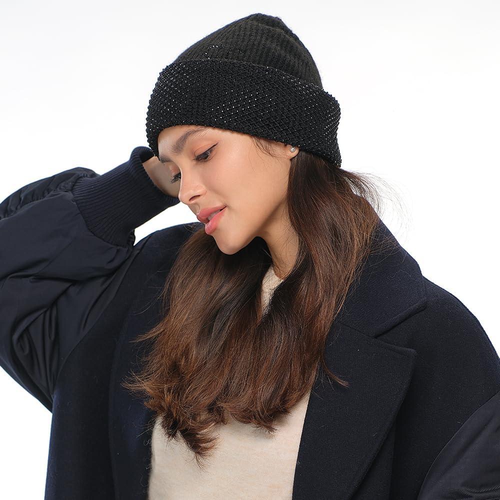 imageCC American Flag Rhinestone Beanie for Women Unisex  Sustainable Recycled Yarn Stretchable Soft Warm Knit Winter Skully HatRhinestone Netblack