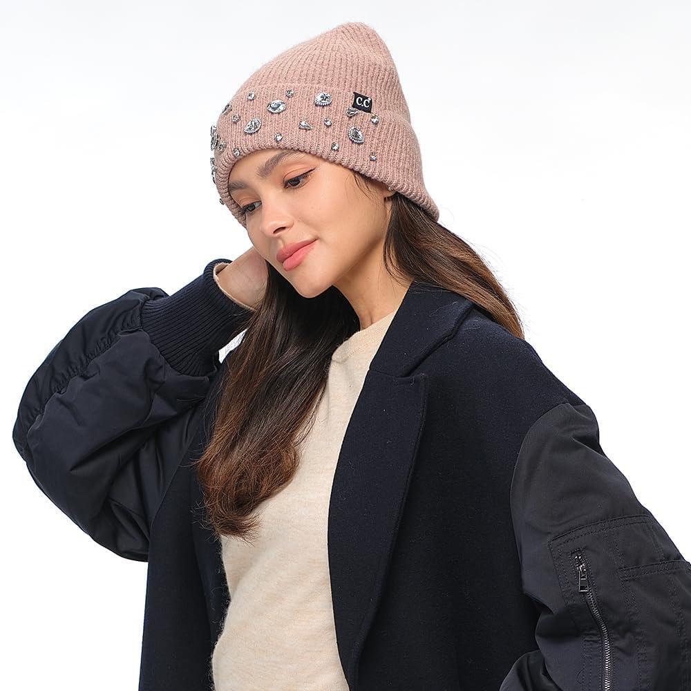 imageCC American Flag Rhinestone Beanie for Women Unisex  Sustainable Recycled Yarn Stretchable Soft Warm Knit Winter Skully HatRhinestonedusty Rose