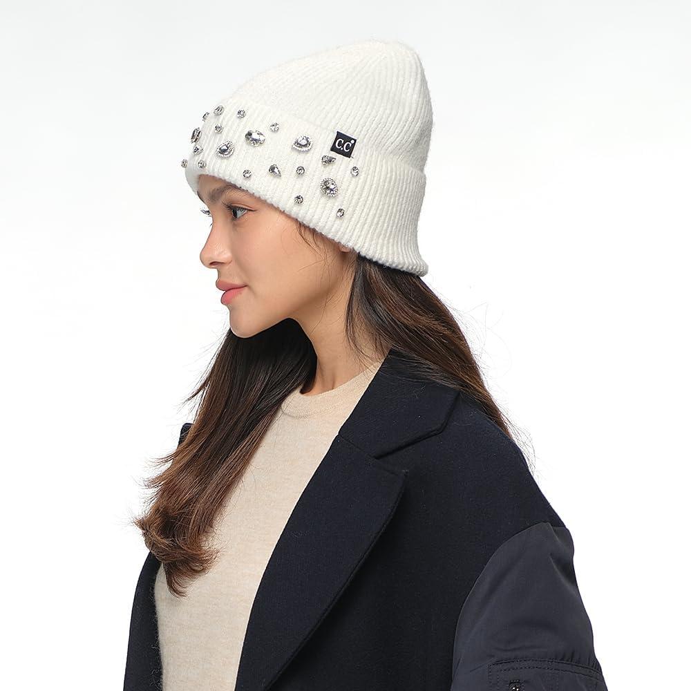 imageCC American Flag Rhinestone Beanie for Women Unisex  Sustainable Recycled Yarn Stretchable Soft Warm Knit Winter Skully HatRhinestonewhite