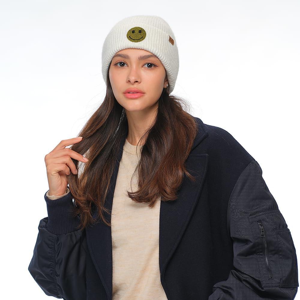 imageCC American Flag Rhinestone Beanie for Women Unisex  Sustainable Recycled Yarn Stretchable Soft Warm Knit Winter Skully HatSmileivory