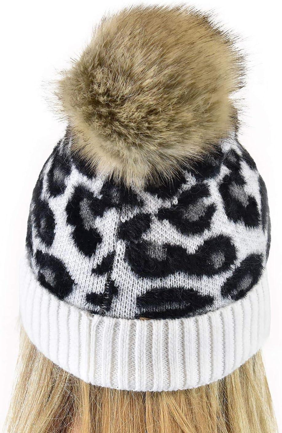 imageCC Animal Print Soft Warm Knit Cuff Faux Fur Pom BeanieIvory