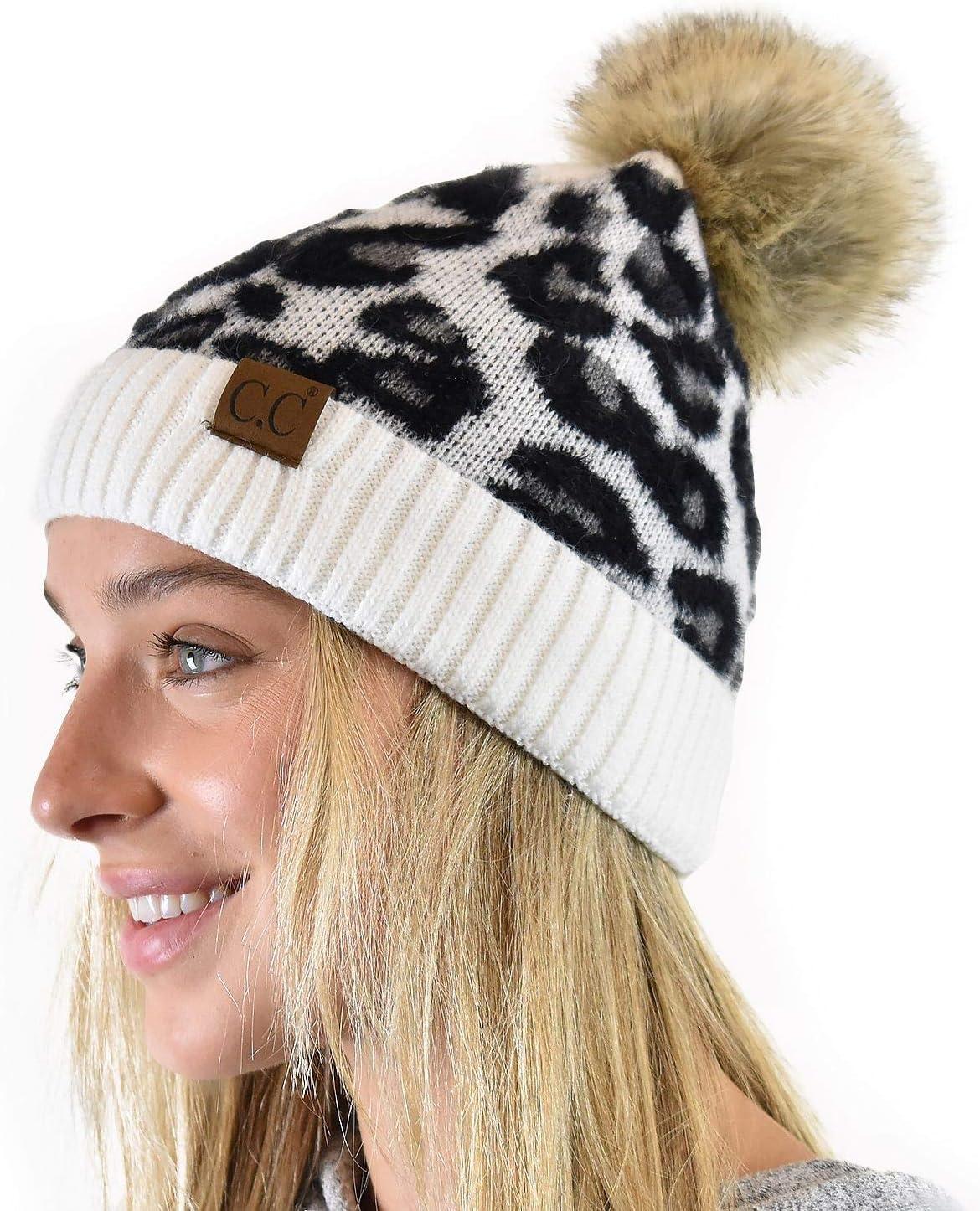 imageCC Animal Print Soft Warm Knit Cuff Faux Fur Pom BeanieIvory