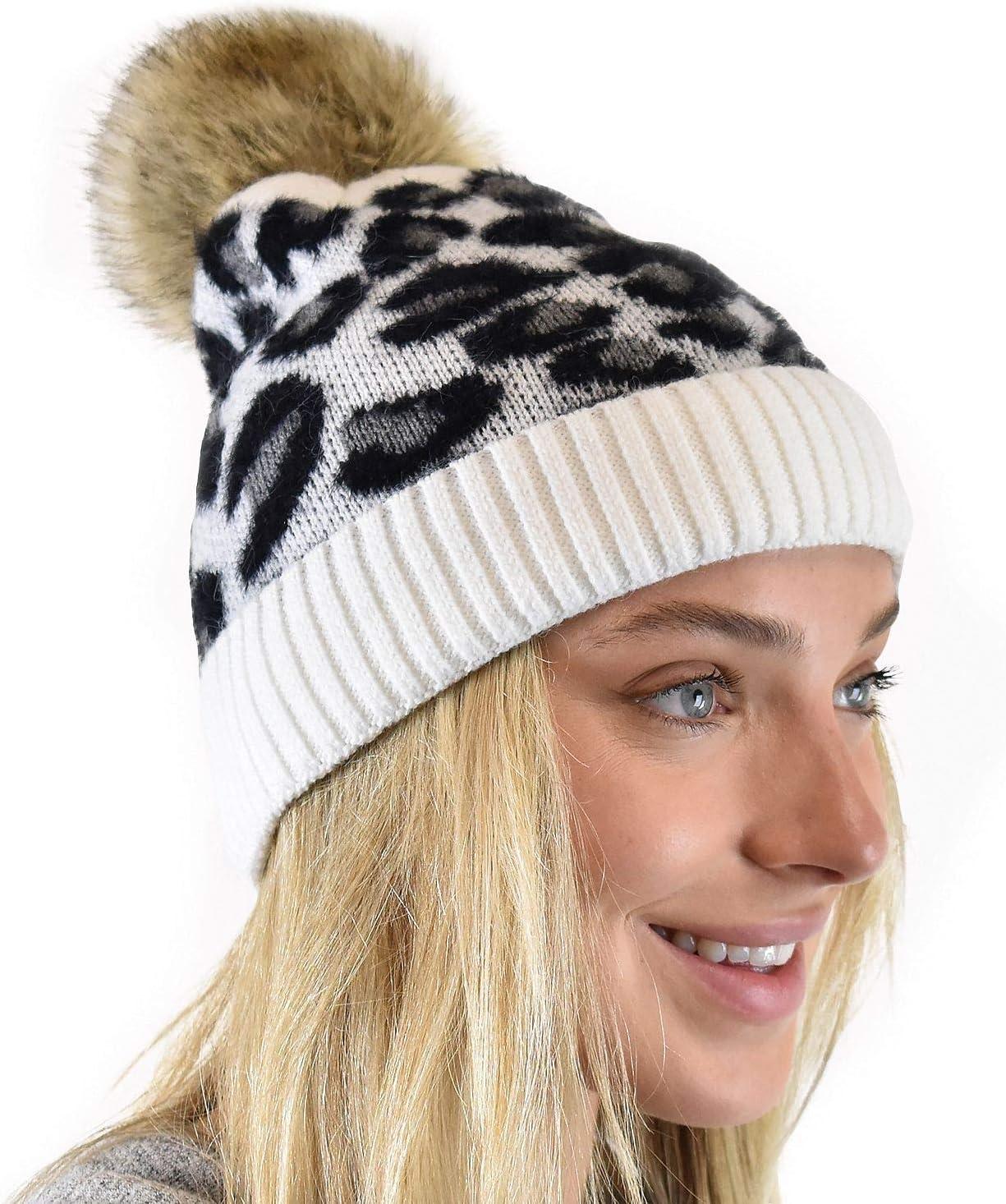 imageCC Animal Print Soft Warm Knit Cuff Faux Fur Pom BeanieIvory