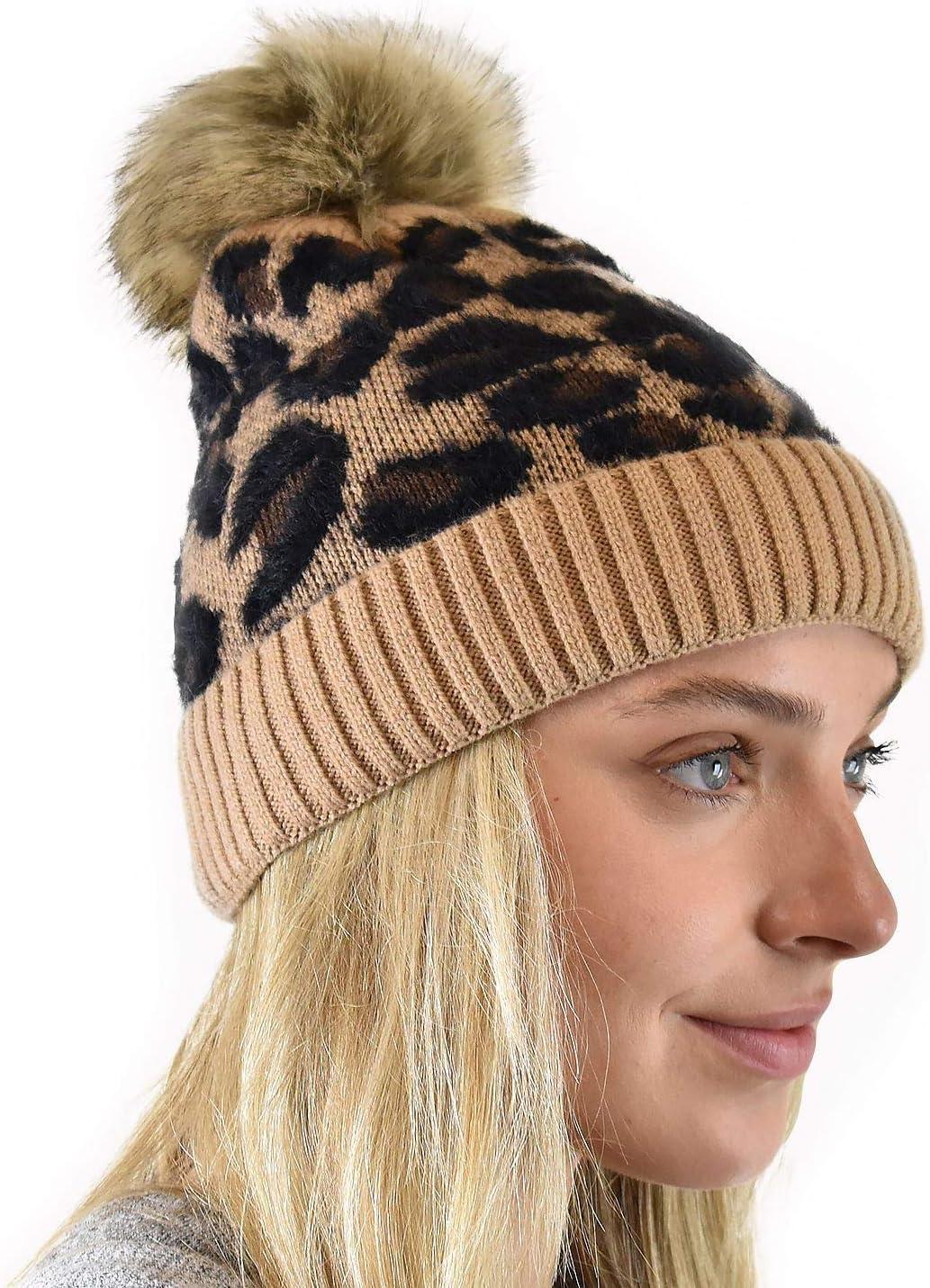 imageCC Animal Print Soft Warm Knit Cuff Faux Fur Pom BeanieLatte