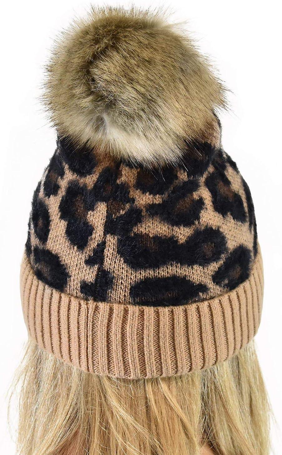 imageCC Animal Print Soft Warm Knit Cuff Faux Fur Pom BeanieLatte