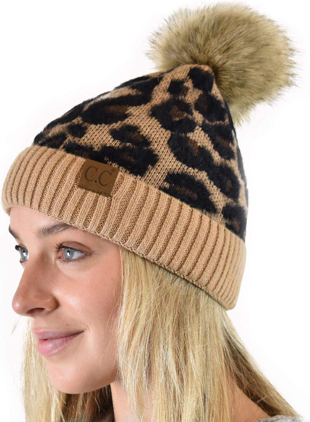imageCC Animal Print Soft Warm Knit Cuff Faux Fur Pom BeanieLatte