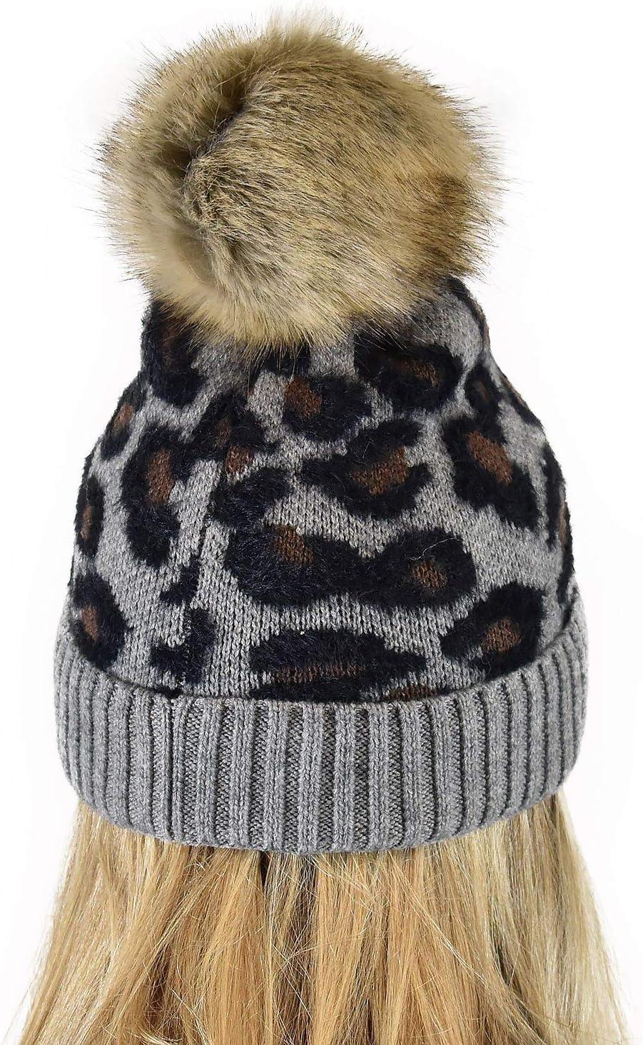 imageCC Animal Print Soft Warm Knit Cuff Faux Fur Pom BeanieLight Melange Gray
