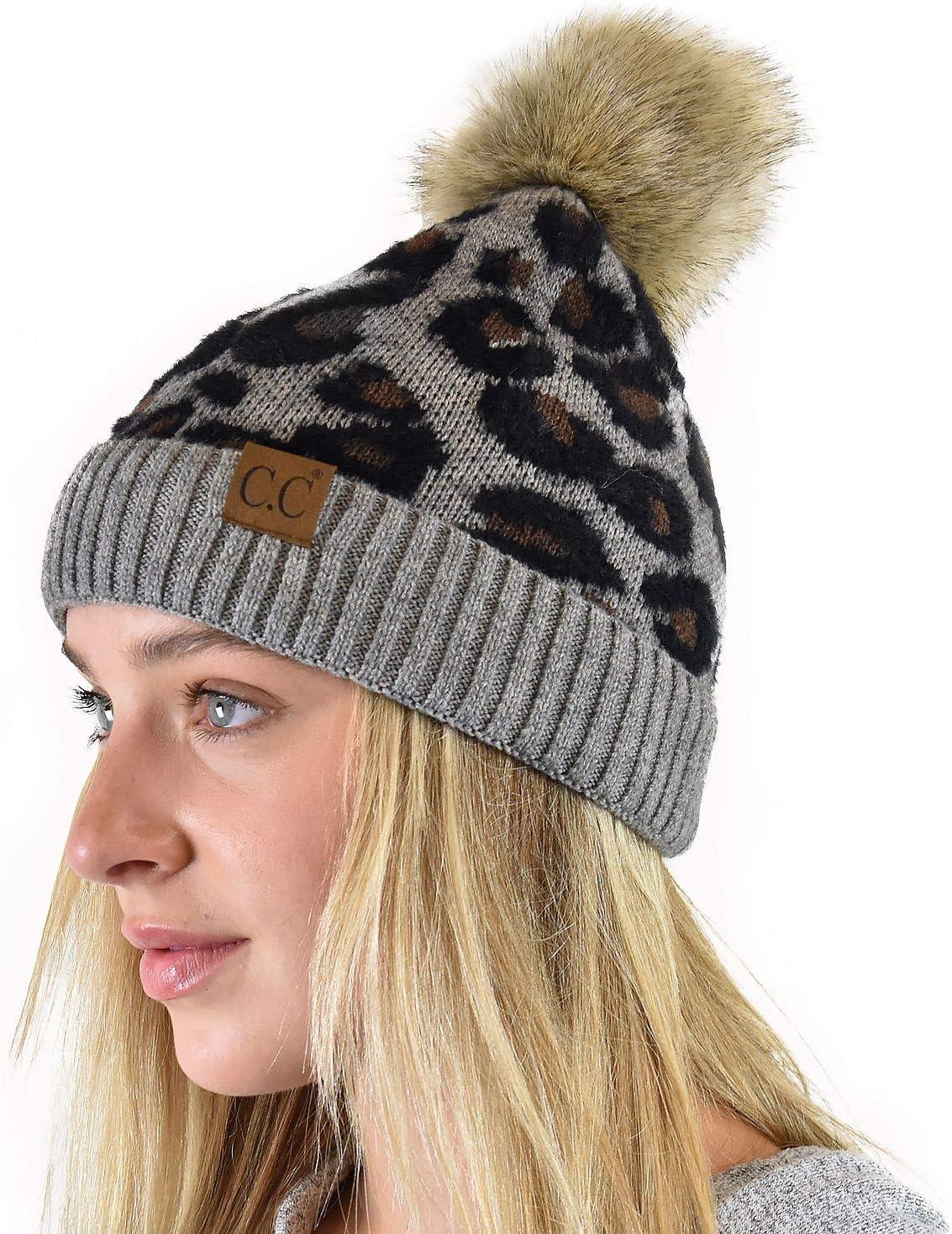 imageCC Animal Print Soft Warm Knit Cuff Faux Fur Pom BeanieLight Melange Gray