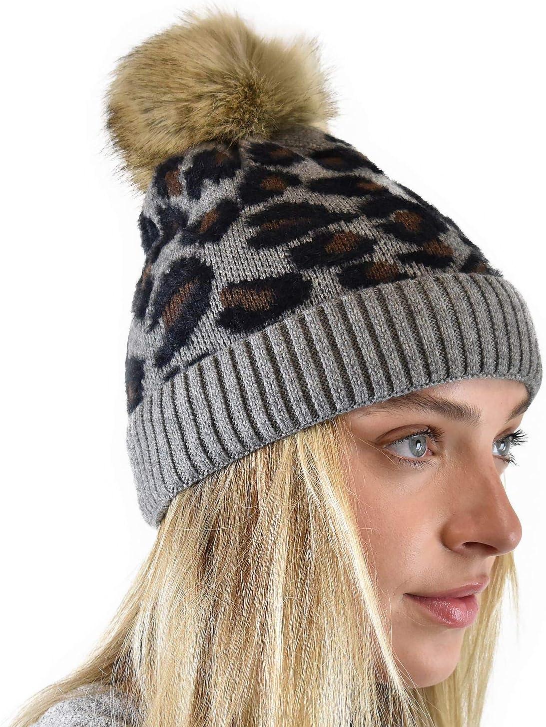 imageCC Animal Print Soft Warm Knit Cuff Faux Fur Pom BeanieLight Melange Gray
