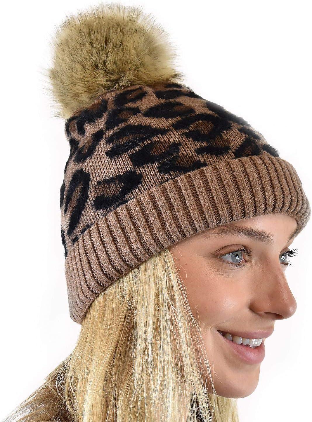 imageCC Animal Print Soft Warm Knit Cuff Faux Fur Pom BeanieMocha