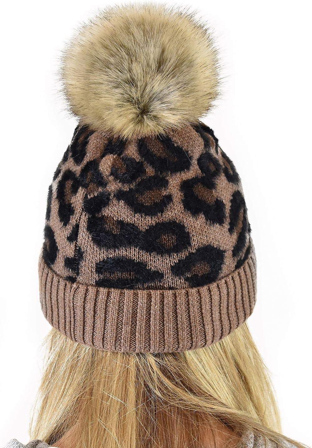 imageCC Animal Print Soft Warm Knit Cuff Faux Fur Pom BeanieMocha