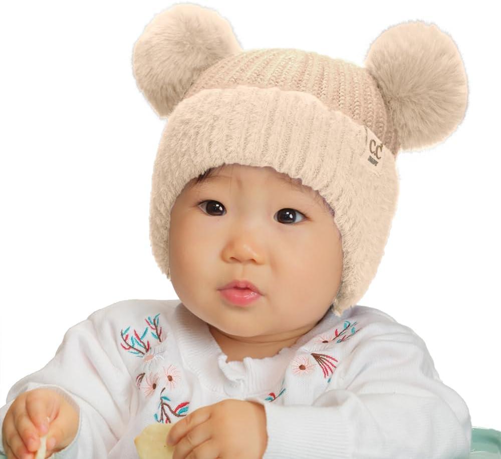 imageCC Baby Double Fur Pom Pom Beanie with Ear Flap for Boys Girls  Comfortable Soft Warm Infant Toddler Baby Knit Skully HatFur  Beige