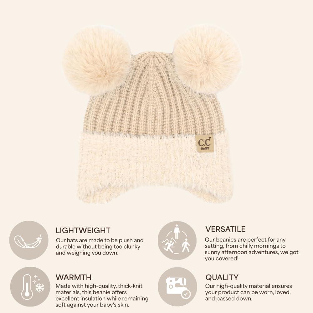 imageCC Baby Double Fur Pom Pom Beanie with Ear Flap for Boys Girls  Comfortable Soft Warm Infant Toddler Baby Knit Skully HatFur  Beige