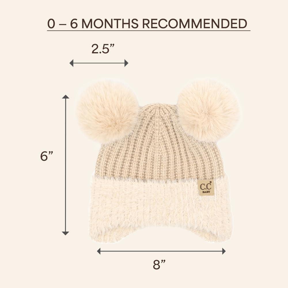 imageCC Baby Double Fur Pom Pom Beanie with Ear Flap for Boys Girls  Comfortable Soft Warm Infant Toddler Baby Knit Skully HatFur  Beige