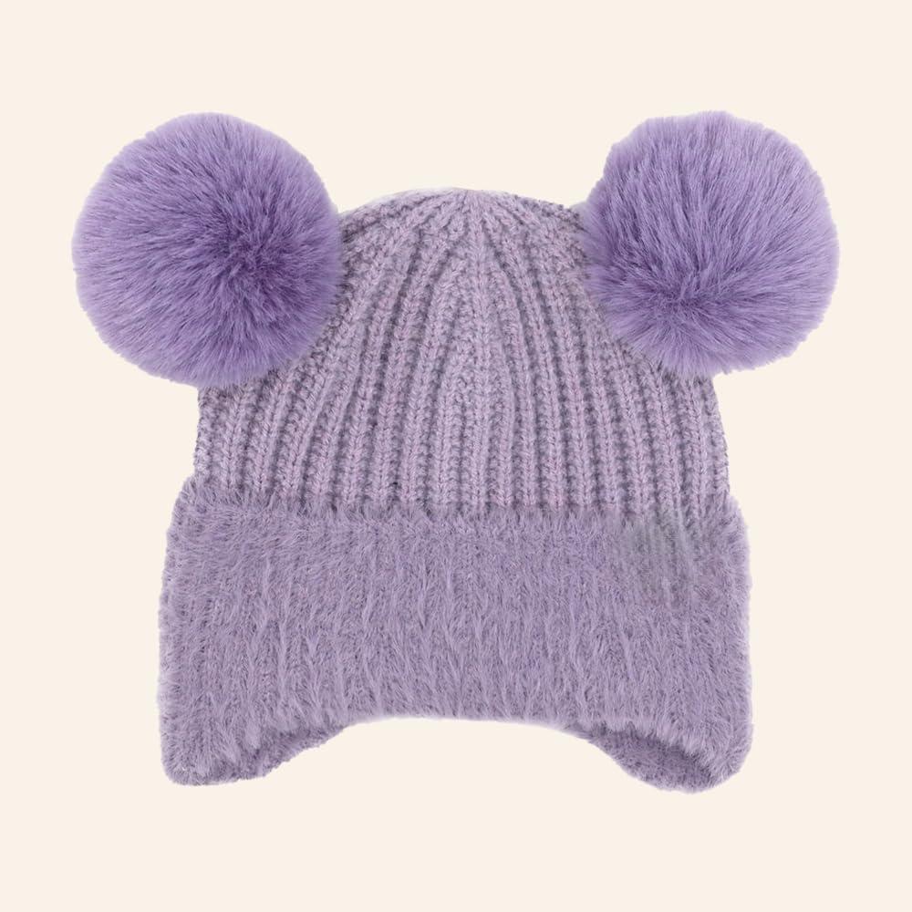 imageCC Baby Double Fur Pom Pom Beanie with Ear Flap for Boys Girls  Comfortable Soft Warm Infant Toddler Baby Knit Skully HatFur  Lavender