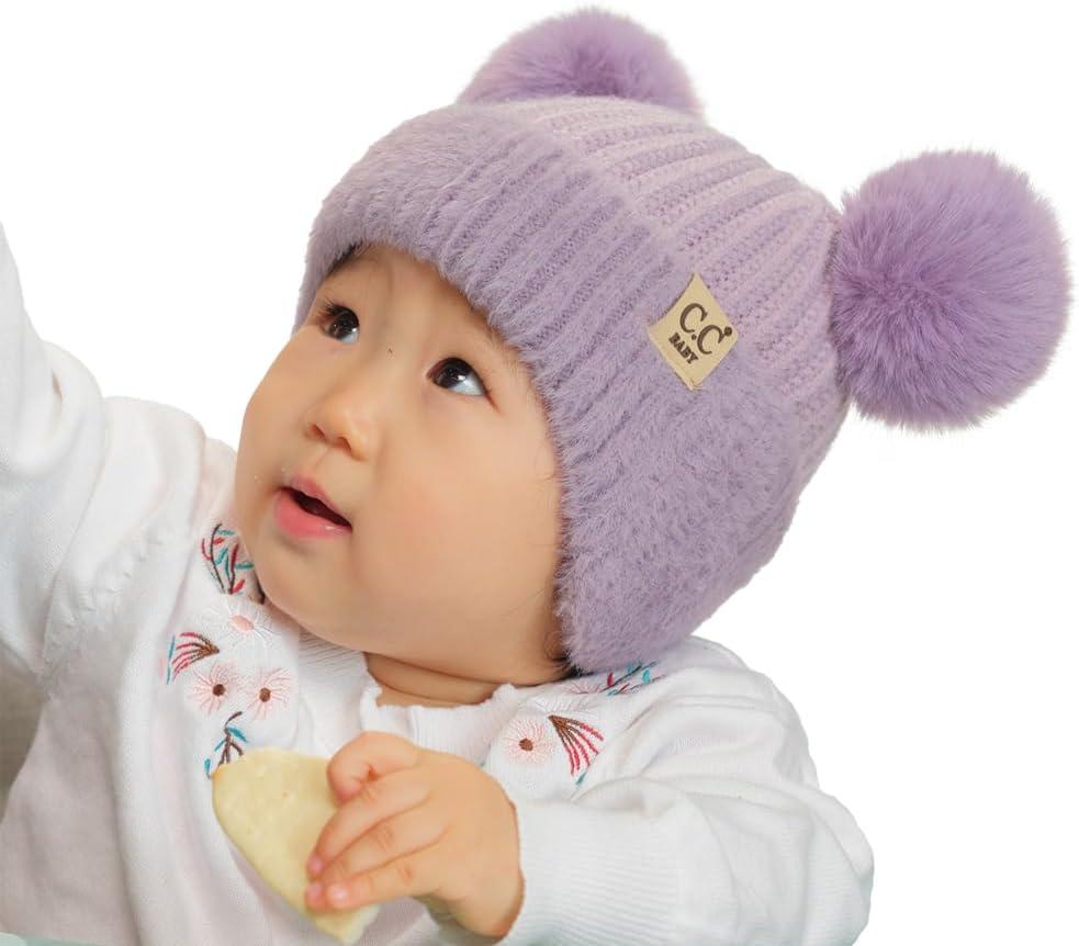 imageCC Baby Double Fur Pom Pom Beanie with Ear Flap for Boys Girls  Comfortable Soft Warm Infant Toddler Baby Knit Skully HatFur  Lavender