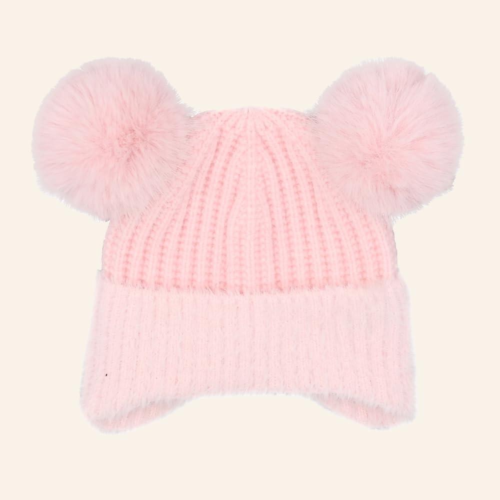 imageCC Baby Double Fur Pom Pom Beanie with Ear Flap for Boys Girls  Comfortable Soft Warm Infant Toddler Baby Knit Skully HatFur  Pink