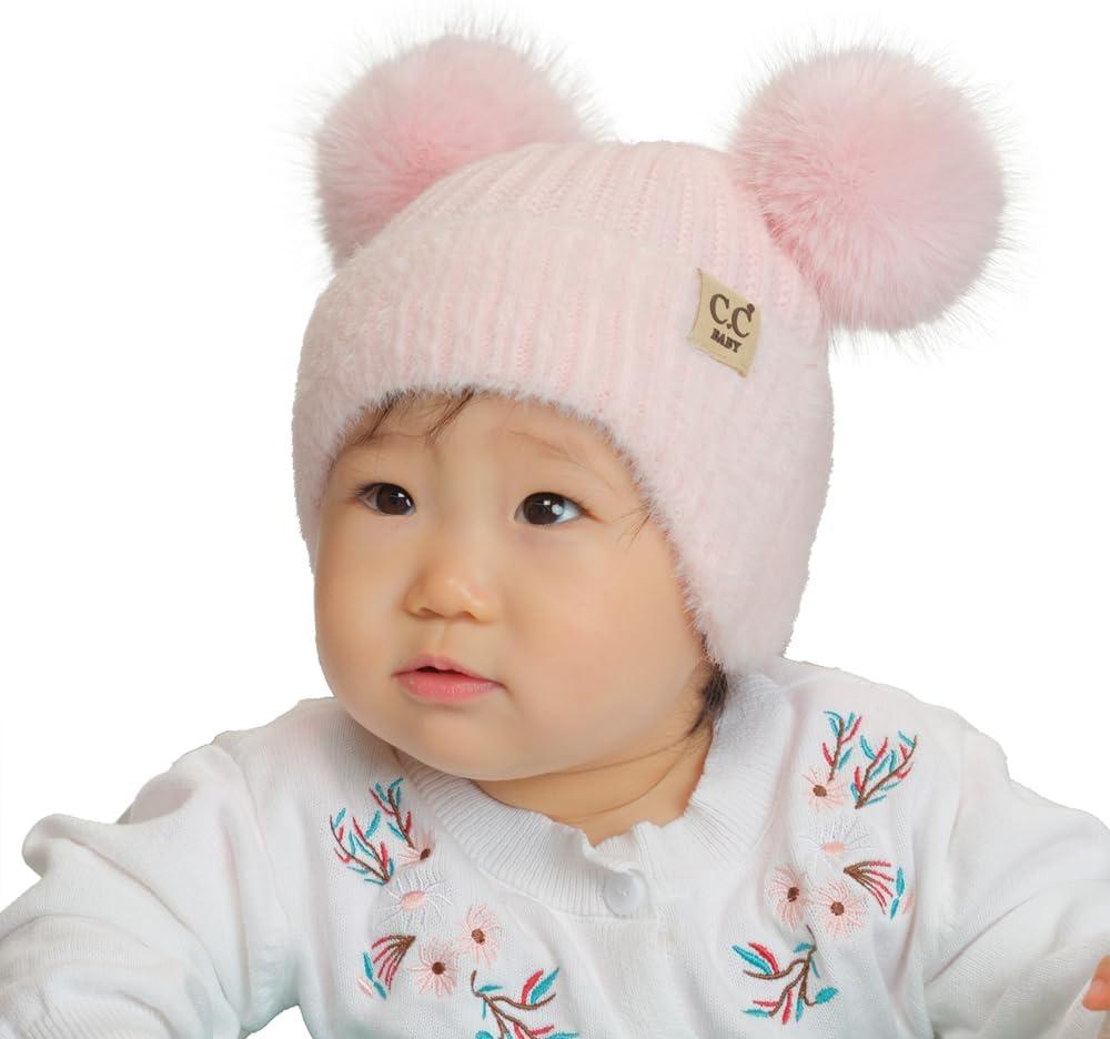 imageCC Baby Double Fur Pom Pom Beanie with Ear Flap for Boys Girls  Comfortable Soft Warm Infant Toddler Baby Knit Skully HatFur  Pink