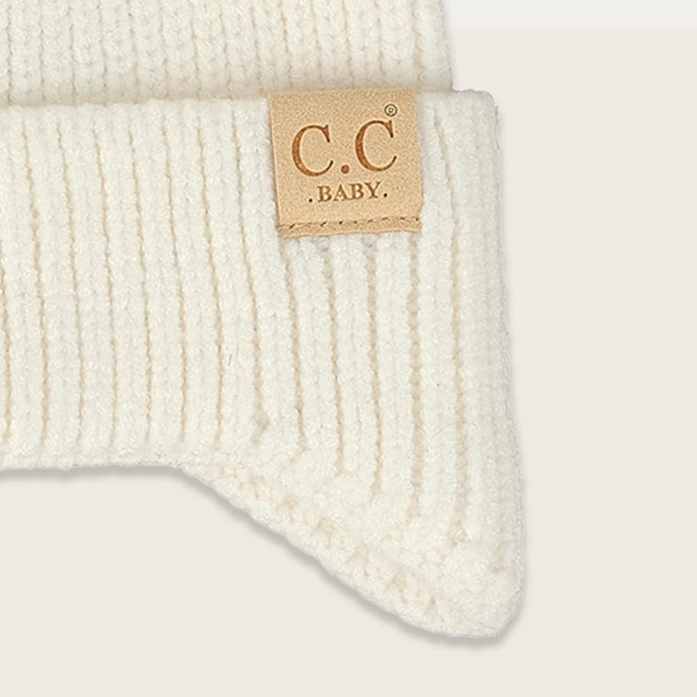 imageCC Baby Double Fur Pom Pom Beanie with Ear Flap for Boys Girls  Comfortable Soft Warm Infant Toddler Baby Knit Skully HatIvory