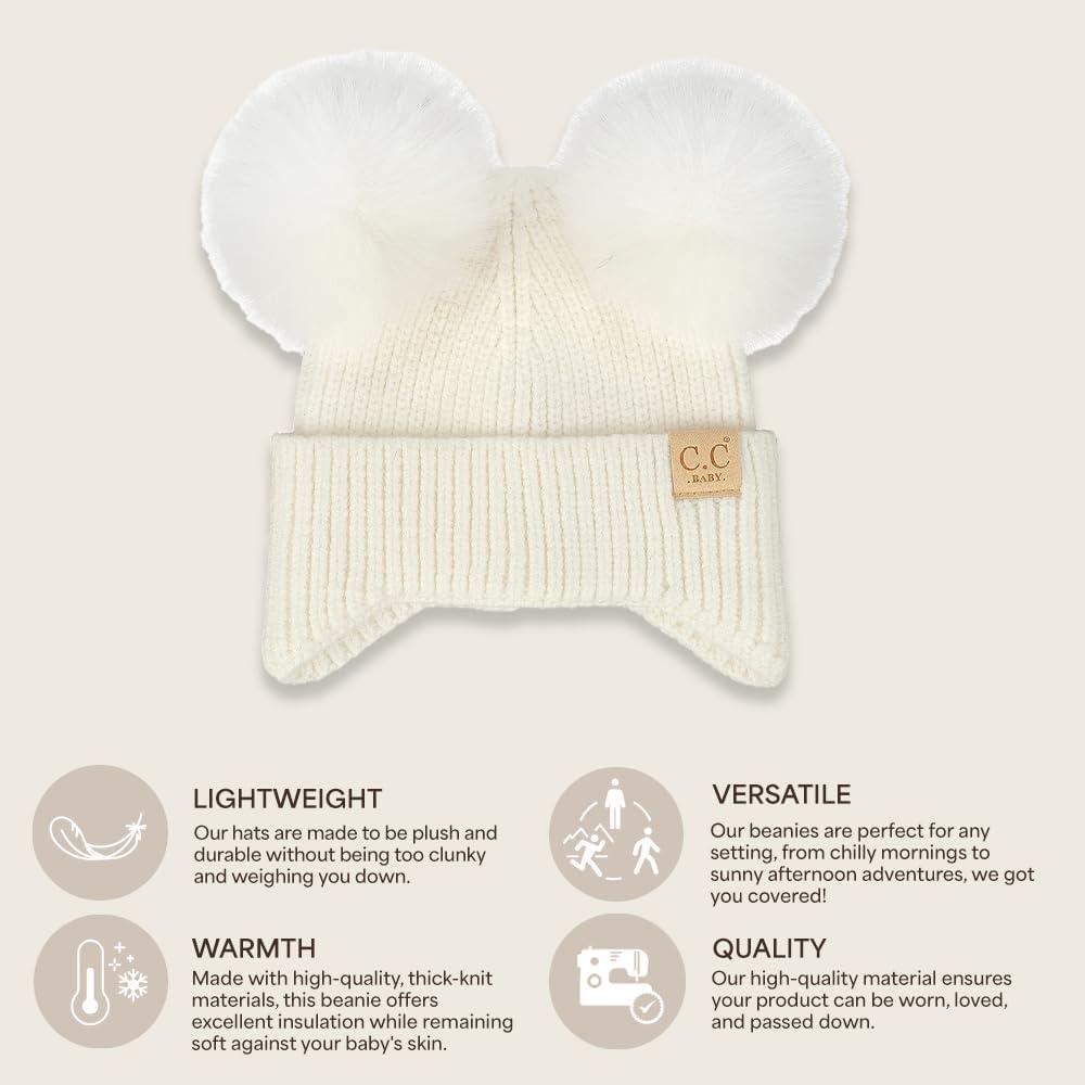 imageCC Baby Double Fur Pom Pom Beanie with Ear Flap for Boys Girls  Comfortable Soft Warm Infant Toddler Baby Knit Skully HatIvory