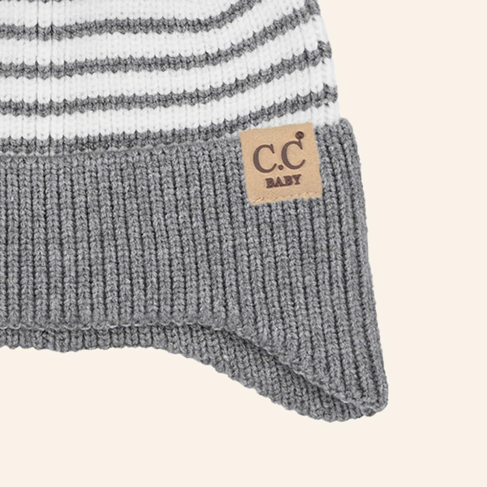 imageCC Baby Double Fur Pom Pom Beanie with Ear Flap for Boys Girls  Comfortable Soft Warm Infant Toddler Baby Knit Skully HatStripes  Grey