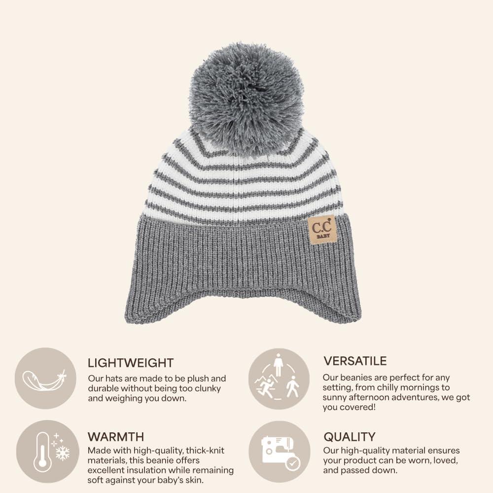 imageCC Baby Double Fur Pom Pom Beanie with Ear Flap for Boys Girls  Comfortable Soft Warm Infant Toddler Baby Knit Skully HatStripes  Grey
