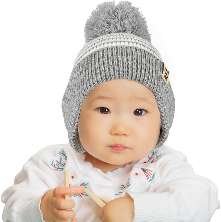 imageCC Baby Double Fur Pom Pom Beanie with Ear Flap for Boys Girls  Comfortable Soft Warm Infant Toddler Baby Knit Skully HatStripes  Grey